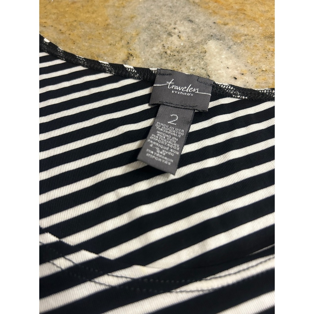 Chicos Travelers Black White Striped Maxi Dress V-Neck Short Sleeve Size 2 L - Picture 6 of 9
